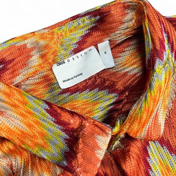 ASOS Designs Orange Green Multicolor Zig Zag Crochet Button Up Shirt Men’s Med - Picture 3 of 4